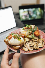 healthy morning breakfast with egg, mushrooms, salad and fresh juice. Breakfast concept