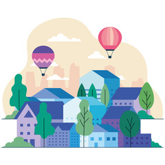 Fototapeta premium City houses with hot air balloons trees and clouds design, architecture and urban theme Vector illustration