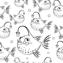 Funny fish pattern. Hand drawn fishes with flashlights in a cartoon style on white background. Vector seamless backdrop. Black and white.