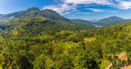 A panorama view of the mountains and the Kothmale reservoir in the uplands of Sri Lanka, Asia