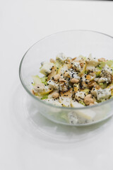 homemade healthy fresh salad with blue cheese, pears, nuts and balsamic dressing, vegetable salat