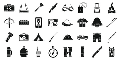 Africa safari equipment icons set. Simple set of africa safari equipment vector icons for web design on white background © anatolir