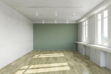 Empty 3d interior, contemporary living room with green wall and wooden floor, modern design, Rendering Illustration