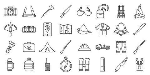 Hunting safari equipment icons set. Outline set of hunting safari equipment vector icons for web design isolated on white background © anatolir