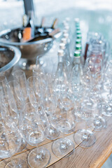 many clean wineglasses in bar, professional equipment , relax time, shiny wineglasses for catering food, kitchenware supply shop products
