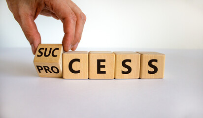 Hand is turning a cube and changes the word 'success' to 'process'. Beautiful white background, copy space. Business concept.