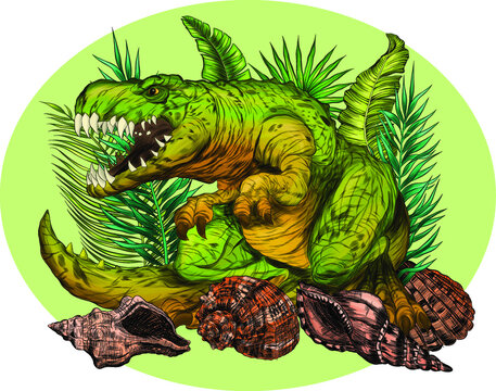 Tyrannosaurus ancient dinosaur with leaves vector illustration green background