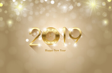 Happy new year 2019 and christmas card with gold star and glitter. vector design.