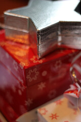 Christmas present gift boxes, red, silver white with ribbons and bows