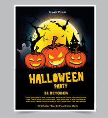 Halloween night party background with full Moon, Halloween banners with pumpkins.