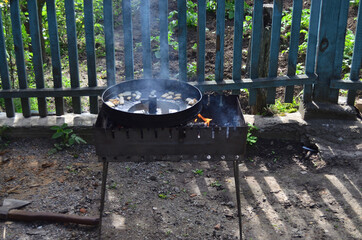 Picnic. Frying pan on fire. Photo of food on the background.