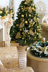 Luxury living room interior decorated with chic Christmas tree.