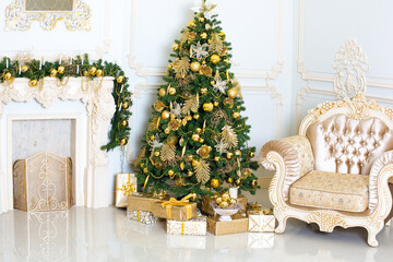 Luxury living room interior decorated with chic Christmas tree.