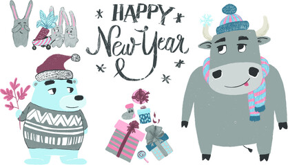 new year's illustration, bull, bear , hares, 2021, new year