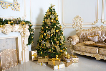 Luxury living room interior decorated with chic Christmas tree.