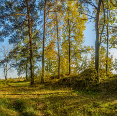 Beautiful autumn evening on the bank of the quarry.