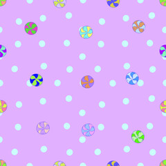 Sweets, lollipops, caramel, balls, chewing gum, polka dots. Vector seamless pattern. For birthday, children's parties, clothing fabrics, textiles, invitations, parties.