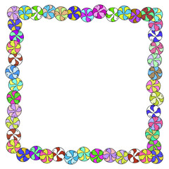 Festive cheerful frame made of sweets. Round lollipops. Square background.