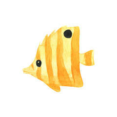 Cute tropic fish in summer set. Hand drawn watercolor illustration for greeting cards, posters, stickers and seasonal design.