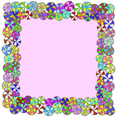 Frame made of colored sweets. Round lollipops. Vector square background.