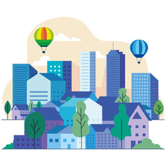 Obraz premium City landscape with buildings houses hot air balloons trees and clouds design, architecture and urban theme Vector illustration