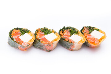 Rolls with cheese vegetables red fish laid out on the background