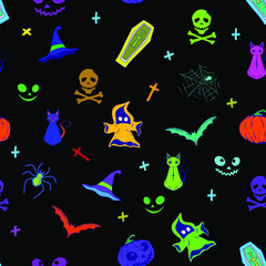 Seamless pattern for Halloween. Flying ghosts, pumpkins, coffins, cats, spiders, bats, skulls, crosses, hats. Festive cheerful background.