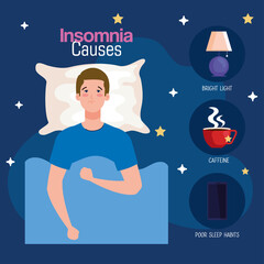 insomnia sauses man on bed with pillow and icon set design, sleep and night theme Vector illustration