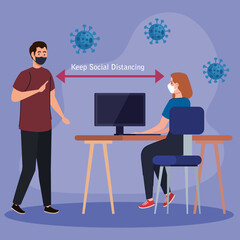 New normal of social distancing between man and woman with mask at desk design of covid 19 virus and prevention theme Vector illustration