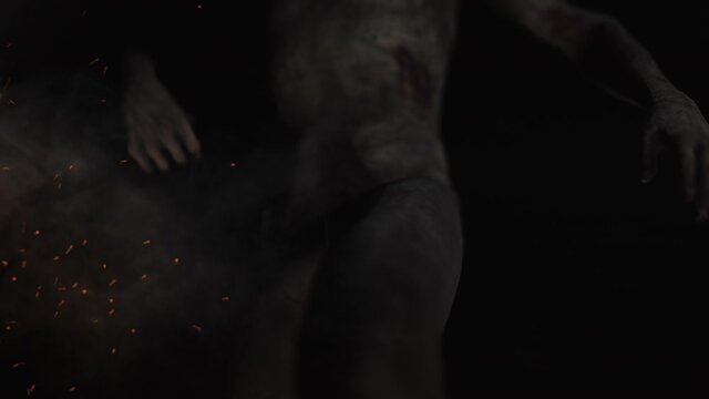 Animation of the appearance of a zombie  from the darkness. Horror scene or Halloween decoration.