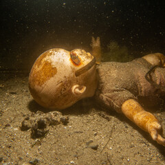 A scary doll underwater at a wreck dive. Picture from The Sound outside Malmo, southern Sweden