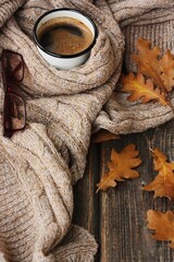 Americano coffee and oak leaves on the table