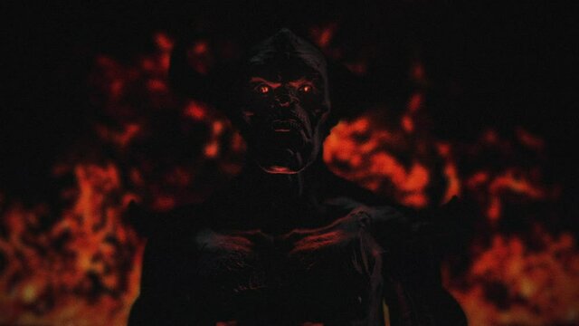 Animation of the appearance of a devil from the darkness or fire. Horror or religion scene.