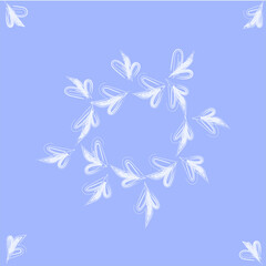Fototapeta na wymiar White snowflake in the shape of a bird flying on a light blue background of hearts for Christmas 