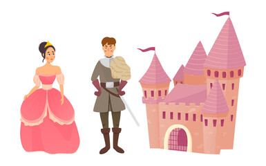 Fairy tale characters prince, princess and castle