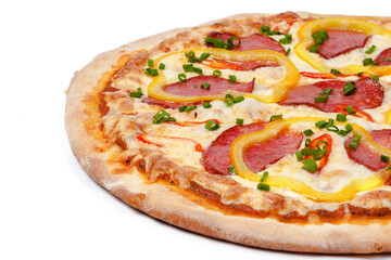 Close up photo of fresh pizza isolated on white