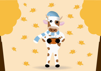 A cute bull in a blue hat and scarf stands and holds a cup in his hand. Keeps warm from the cold autumn. Leaves are falling in the background. Autumn concept. Symbol of 2021. Vector illustration