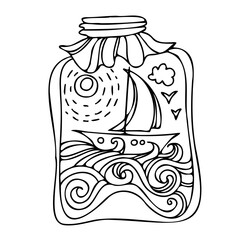 Vector black and white isolated lined design of sea landscape with sailboat and sun