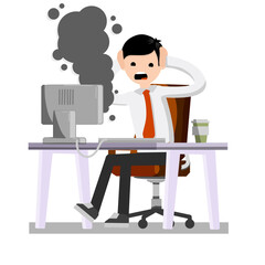 Frightened office worker shouts and holds his head looking at monitor. broken computer is Smoking. Virus and bug. problem with technique. Stress and man. Flat cartoon