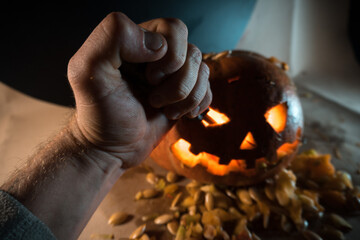 halloween pumpkin ripped its insides out of itself