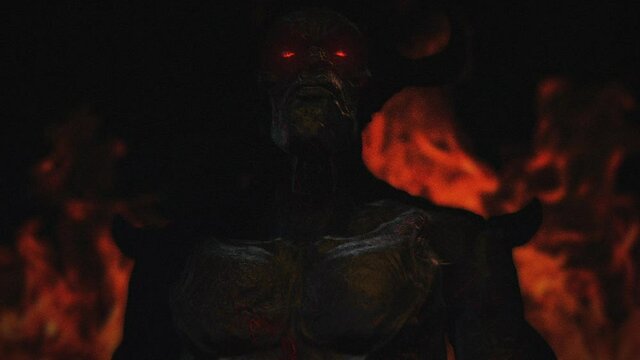 Animation of the appearance of a devil from the darkness or fire. Horror or religion scene.