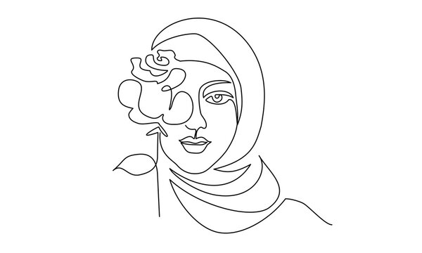 Young Happy Woman In Hijab With Flowers On Her Face