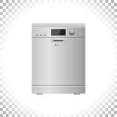 Smart dishwashing machine isolated on transparent background. Smart home appliance concept. Front view. Digital display. Silver color. Vector illustration.