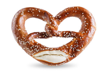 Pretzel with salt and sesame seeds on a white isolated background