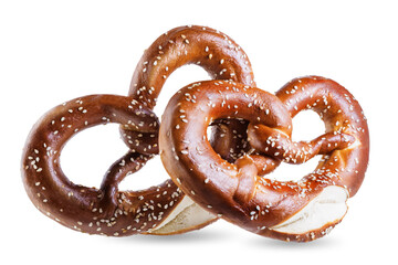 Pretzel with salt and sesame seeds on a white isolated background - obrazy, fototapety, plakaty