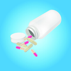 Pills capsules pouring out of a white bottle on a blue background. Concept of medicine