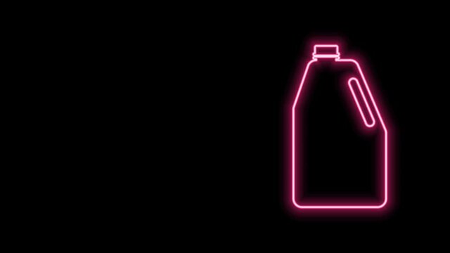 Glowing neon line Household chemicals bottle icon isolated on black background. Liquid detergent or soap, stain remover, laundry bleach. 4K Video motion graphic animation