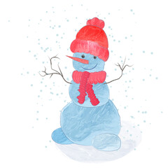 Watercolor funny snowman in cartoon style. Vector illustration isolated on a white background. Christmas celebration cards. Winter new year design.