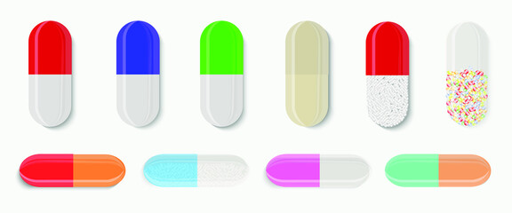 Large vector set of capsules, set, medications, antibiotics and antivirals isolated on a white background