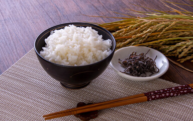 お椀に盛り付けしたご飯とお茶漬け